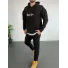 Erkek Kapüşonlu Kanguru Cepli Sweatshirt 3 İplik Pamuklu Baskılı Hoodie - Siyah