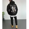 Erkek Kapüşonlu Kanguru Cepli Sweatshirt 3 İplik Pamuklu Baskılı Hoodie - Siyah