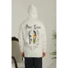 Erkek 3 İplik Pamuklu Kapüşonlu Baskılı Cepli Oversize Sweatshirt Hoodie - Beyaz