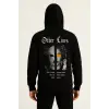 Erkek Kapüşonlu Kanguru Cepli Sweatshirt 3 İplik Pamuklu Baskılı Hoodie - Siyah