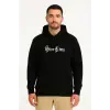Erkek Kapüşonlu Kanguru Cepli Sweatshirt 3 İplik Pamuklu Baskılı Hoodie - Siyah