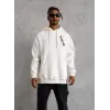 Erkek 3 İplik Pamuklu Kapüşonlu Baskılı Cepli Oversize Sweatshirt Hoodie - Beyaz