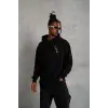Erkek 3 İplik Pamuklu Kapüşonlu Baskılı Cepli Oversize Sweatshirt Hoodie - Siyah