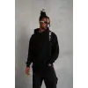 Erkek 3 İplik Pamuklu Kapüşonlu Baskılı Cepli Oversize Sweatshirt Hoodie - Siyah