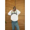 Erkek Kapüşonlu 3 İplik Şardonlu Önü Baskılı Fermuarlı Oversize Sweatshirt - Beyaz