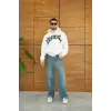 Erkek Kapüşonlu 3 İplik Şardonlu Önü Baskılı Fermuarlı Oversize Sweatshirt - Beyaz