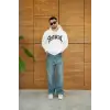 Erkek Kapüşonlu 3 İplik Şardonlu Önü Baskılı Fermuarlı Oversize Sweatshirt - Beyaz