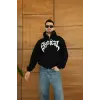 Erkek Kapüşonlu 3 İplik Şardonlu Önü Baskılı Fermuarlı Oversize Sweatshirt - Siyah