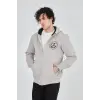 Erkek 3 İplik Pamuklu Fermuarlı Kapüşonlu Kanguru Cepli Baskılı Hoodie Hırka Sweatshirt - Boyalı Gri