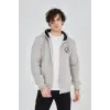 Erkek 3 İplik Pamuklu Fermuarlı Kapüşonlu Kanguru Cepli Baskılı Hoodie Hırka Sweatshirt - Boyalı Gri