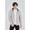Erkek 3 İplik Pamuklu Fermuarlı Kapüşonlu Kanguru Cepli Hoodie Hırka Sweatshirt - Boyalı Gri