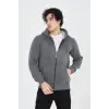 Erkek 3 İplik Pamuklu Fermuarlı Kapüşonlu Kanguru Cepli Hoodie Hırka Sweatshirt - Füme