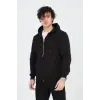 Erkek 3 İplik Pamuklu Fermuarlı Kapüşonlu Kanguru Cepli Hoodie Hırka Sweatshirt - Siyah