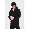 Erkek 3 İplik Pamuklu Fermuarlı Kapüşonlu Kanguru Cepli Hoodie Hırka Sweatshirt - Siyah