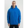 Erkek Baskılı Kapüşonlu Cepli Hoodie 3 İplik Pamuklu Sweatshirt - Saks Mavisi