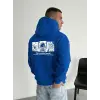 Erkek Baskılı Kapüşonlu Cepli Hoodie 3 İplik Pamuklu Sweatshirt - Saks Mavisi
