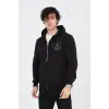 Erkek 3 İplik Pamuklu Fermuarlı Kapüşonlu Kanguru Cepli Baskılı Hoodie Hırka Sweatshirt - Siyah