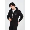 Erkek 3 İplik Pamuklu Fermuarlı Kapüşonlu Kanguru Cepli Baskılı Hoodie Hırka Sweatshirt - Siyah