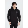 Erkek 3 İplik Pamuklu Fermuarlı Kapüşonlu Kanguru Cepli Baskılı Hoodie Hırka Sweatshirt - Siyah