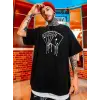 Erkek Kısa Kol Yazlık Tişört Bisiklet Yaka KART Baskılı T-Shirt - Siyah
