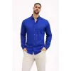 Erkek KETEN Kumaş Uzun Kollu Regular fit Gömlek - Saks Mavisi