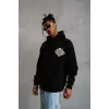 Erkek 3 İplik Pamuklu Kapüşonlu Baskılı Cepli Oversize Sweatshirt Hoodie - Siyah