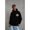 Erkek 3 İplik Pamuklu Kapüşonlu Baskılı Cepli Oversize Sweatshirt Hoodie - Siyah
