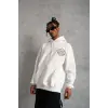 Erkek 3 İplik Pamuklu Kapüşonlu Baskılı Cepli Oversize Sweatshirt Hoodie - Beyaz
