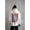 Erkek 3 İplik Pamuklu Kapüşonlu Baskılı Cepli Oversize Sweatshirt Hoodie - Beyaz