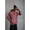 Erkek 3 İplik Pamuklu Baskılı Kapüşonlu Cepli Sweatshirt Hoodie - Gül Kurusu