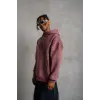 Erkek 3 İplik Pamuklu Kapüşonlu Baskılı Cepli Sweatshirt Hoodie - Gül Kurusu