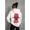 Erkek 3 İplik Pamuklu Kapüşonlu Baskılı Cepli Oversize Sweatshirt Hoodie - Beyaz