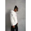 Erkek 3 İplik Pamuklu Kapüşonlu Baskılı Cepli Oversize Sweatshirt Hoodie - Beyaz