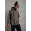 Erkek 3 İplik Pamuklu Kapüşonlu Baskılı Cepli Oversize Sweatshirt Hoodie - Gri