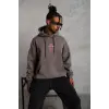 Erkek 3 İplik Pamuklu Kapüşonlu Baskılı Cepli Oversize Sweatshirt Hoodie - Gri