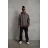 Erkek 3 İplik Pamuklu Kapüşonlu Baskılı Cepli Oversize Sweatshirt Hoodie - Gri