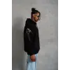 Erkek 3 İplik Pamuklu Kapüşonlu Baskılı Cepli Oversize Sweatshirt Hoodie - Siyah