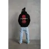 Erkek 3 İplik Pamuklu Kapüşonlu Baskılı Cepli Oversize Sweatshirt Hoodie - Siyah