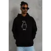 Erkek Nihilist Penguen Baskılı 3 İplik Pamuklu Kapüşonlu Sweatshirt Hoodie Siyah