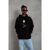 Erkek Nihilist Penguen Baskılı 3 İplik Pamuklu Kapüşonlu Sweatshirt Hoodie Siyah