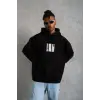 Erkek 3 İplik Pamuklu Kapüşonlu Baskılı Cepli Oversize Sweatshirt Hoodie - Siyah