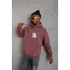 Erkek 3 İplik Pamuklu Kapüşonlu Baskılı Cepli Sweatshirt Hoodie - Gül Kurusu