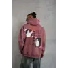 Erkek 3 İplik Pamuklu Kapüşonlu Baskılı Cepli Sweatshirt Hoodie - Gül Kurusu