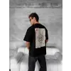 ERKEK Tişört Kısa Kol Ön ve Arka Baskılı Oversize Bisiklet Yaka T-shirt - Siyah