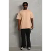 Erkek Düz Yazlık Kısa Kol Tişört Bisiklet Yaka Oversize T-Shirt - Bej
