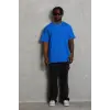 Erkek Düz Yazlık Kısa Kol Tişört Bisiklet Yaka Oversize T-Shirt - Mavi