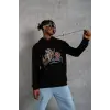 Erkek Kapüşonlu Kanguru Cepli Sweatshirt 3 İplik Pamuklu Baskılı Hoodie - Siyah