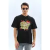 Erkek Kısa Kol Yazlık Tişört Bisiklet Yaka Baskılı Oversize T-Shirt - Siyah