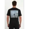Erkek T-Shirt Penguen Baskılı Bisiklet Yaka Kısa kol yazlık Tişört - Siyah