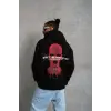 Erkek Kapüşonlu Kanguru Cepli Sweatshirt 3 İplik Pamuklu Baskılı Hoodie - Siyah
